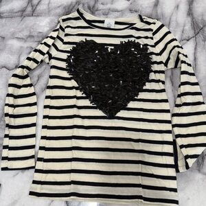 JCrew Crewcuts Girls White black striped heart sequin long sleeve tee Size 6/7